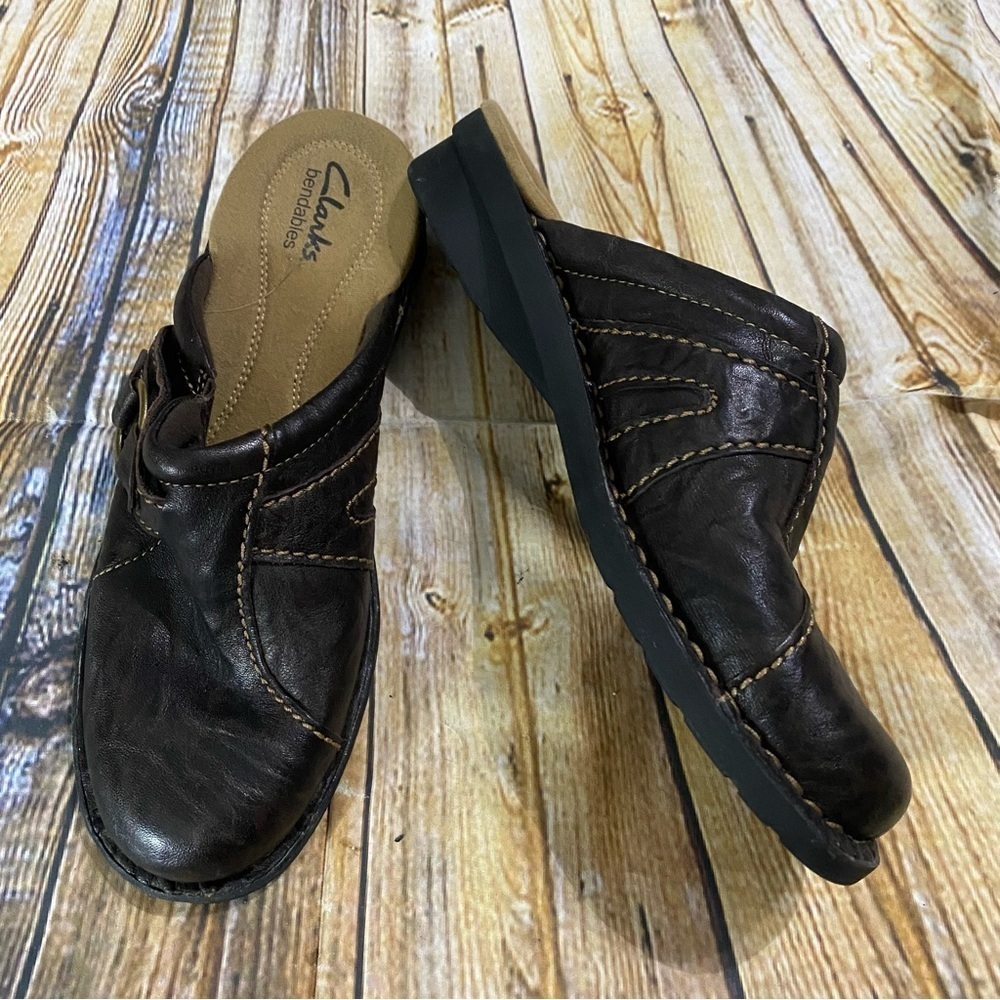 Clarks Bendables 7.5 M Brown Leather Mules Slip On Women Shoes 62782